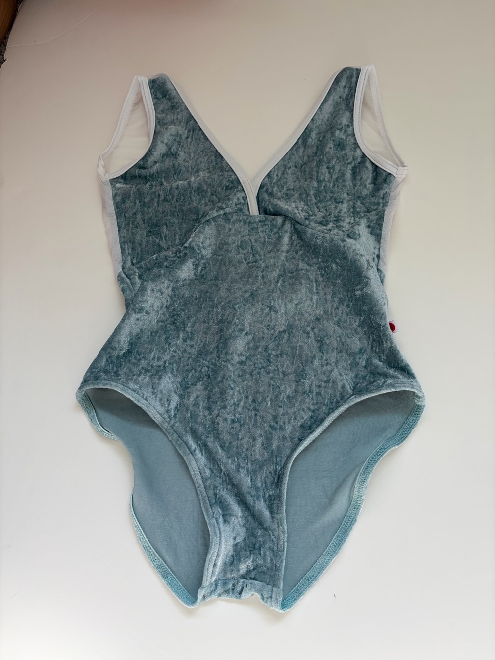 Custom Made blue and white mesh and crushed velvet Yumiko leotard women’s size S